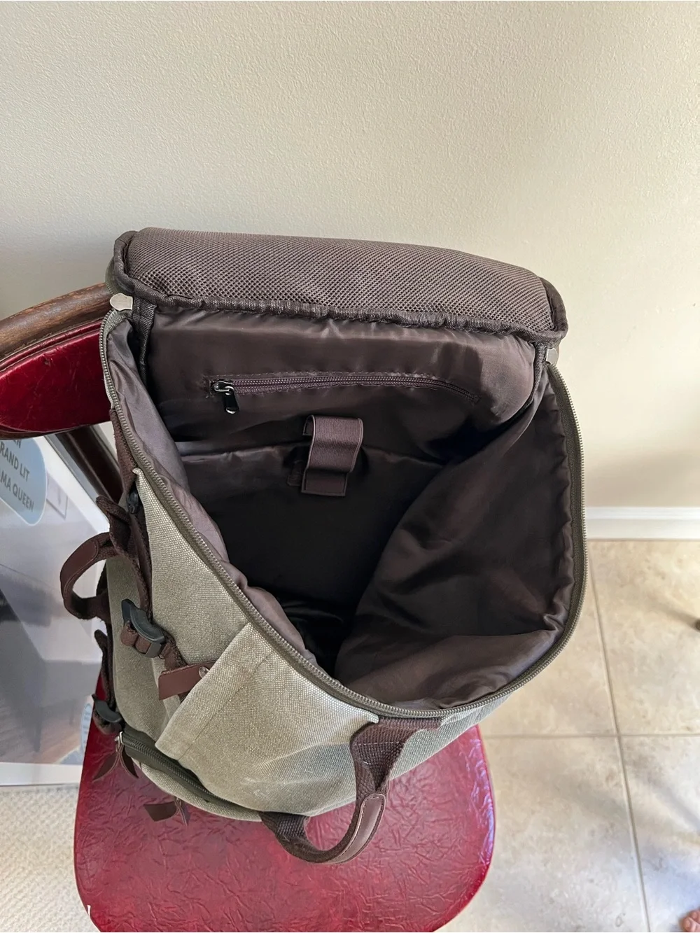 Men's Canvas Backpack in Army Green with Brown Trim